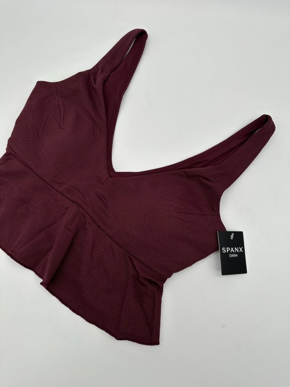 SPANX Women's Pique Longline V-Neck Ruffled Flounce Swim Top Size Small Mulberry